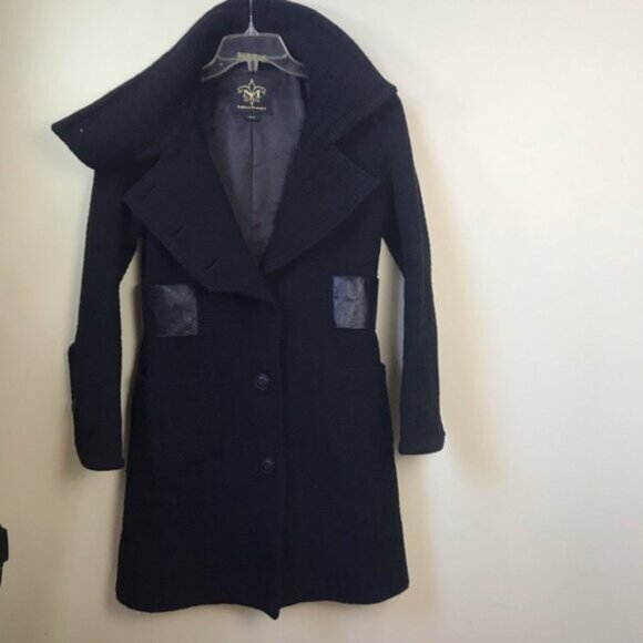 Mackage Wool Leather Fitted Coat Military Long Double Breasted Pea Minimalist M - Picture 8 of 16